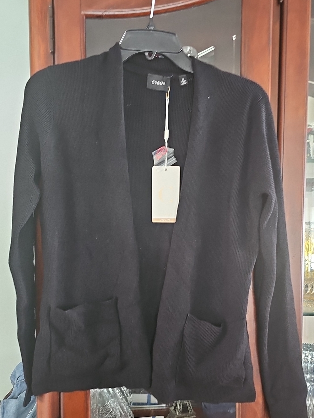 Cyrus  Open-Front 2- Front Pockets Knit  Cardigan Black Size Small Nwt